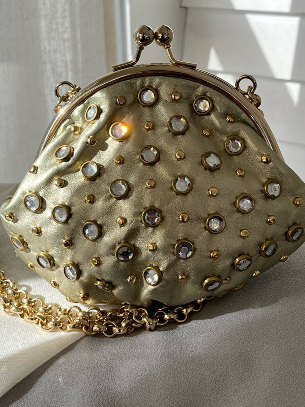 Kathy Van Zeeland Gold Kiss Lock Jeweled Crossbody Bag, EUC